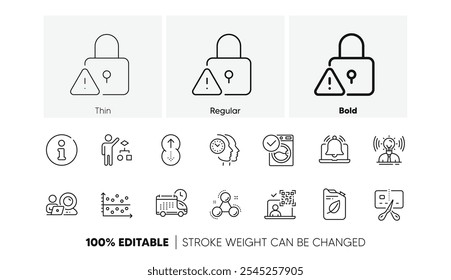 Bankrupt, Algorithm and Reminder line icons. Pack of Info, Canister, Swipe up icon. Video conference, Chemistry molecule, Brand pictogram. Lock, Qr code, Washing machine. Time management. Vector