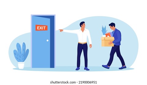 Bankrupt boss dismisses employee. Fired sad person leaves the office with stuff in box in his hands. Financial crisis and unemployment. Dismissal and jobless, layoff. Job loss due to crisis