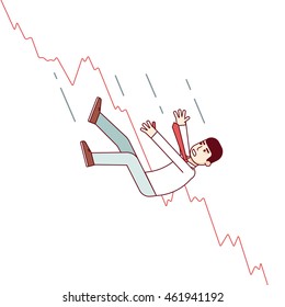 Bankrupt business man falling down with his stocks crash shares graph. Stock market downfall concept. Modern flat style thin line vector illustration isolated on white background.