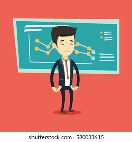 Bankrupt business man showing his empty pockets on the background of decreasing chart. Bankrupt turning empty pockets inside out. Bankruptcy concept. Vector flat design illustration. Square layout.