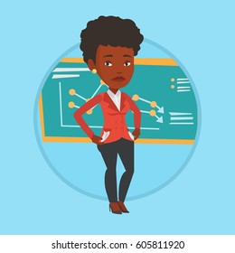 Bankrupt business woman showing her empty pockets on the background of decreasing chart. Bankrupt turning empty pockets inside out. Vector flat design illustration in the circle isolated on background
