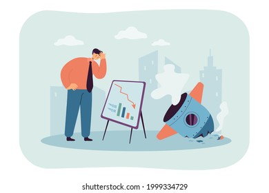 Bankrupt businessman with bad strategy and debris of rocket. Unsuccessful plan or idea, space vehicle crashing and falling flat vector illustration. Business or startup failure concept for banner