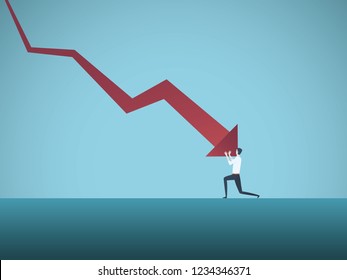 Empresário falido empurrado pelo conceito de vetor de seta para baixo. Símbolo de falência, fracasso, recessão, crise e perdas financeiras no mercado de bolsa de valores. Ilustração vetorial Eps10.