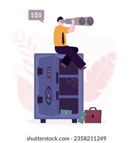 Bankrupt businessman sitting on empty safe and looks for ways to make money. Poor man uses telescope to look for jobs and prospects. Motivation to earn and develop. Poverty, bad money management.
