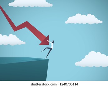 Bankrupt businesswoman falling off a cliff, pushed by downward arrow. Symbol of bankruptcy, failure, recession, crisis and financial losses on stock exchange market. Eps10 vector illustration.