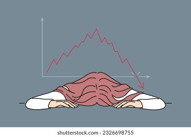 Bankrupt businesswoman put head on table near chart demonstrating crisis fall of stock market. Bankrupt woman investor upset by bad news about stock price decline or fed rate cut for lending