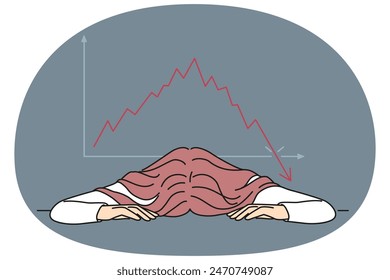 Bankrupt businesswoman put head on table near chart demonstrating crisis fall of stock market. Bankrupt woman investor upset by bad news about stock price decline or fed rate cut for lending