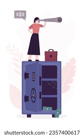 Bankrupt businesswoman stands on empty safe and looks for ways to make money. Poor woman uses telescope to look for jobs and prospects. Motivation to earn and develop. Poverty, bad money management.