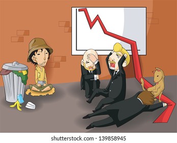 Bankrupt changing business owner, ceo, businessman, or entrepreneur status into poor beggar, create by cartoon vector