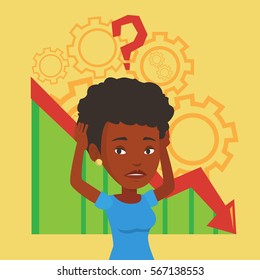 Bankrupt clutching head on the background of cogwheels and chart going down. Bankrupt with big question mark above her head. Business bankruptcy concept. Vector flat design illustration. Square layout