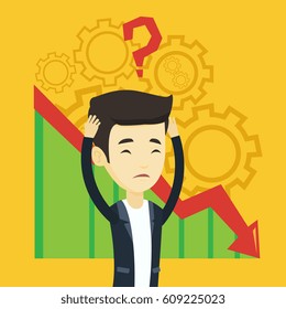 Bankrupt clutching head on the background with cogwheels and chart going down. Man with big question mark above his head. Business bankruptcy concept. Vector flat design illustration. Square layout.