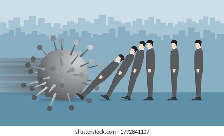 Bankrupt concept. Businessmen falling down like domino from economic impact from COVID-19 coronavirus pandemic. The big virus crashing to close down business continuous. Vector illustration idea.