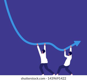 Conceito falido. Pessoas tentando manter a tendência financeira descendente seta crise de risco econômico, dinheiro perdido vetor de negócios. Aumento da seta financeira, orientação do volume de negócios muito após a ilustração descendente