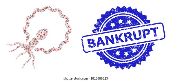 Estampilla de grunge en bancarrota y célula penetrante del virus de la recurrencia vectorial. El sello azul incluye la leyenda Bankrupt dentro de la roseta.
