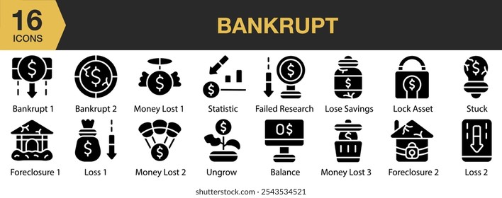 Conjunto de iconos de bancarrota. Incluye quiebra, estadísticas, dinero, pérdida, saldo, investigación y más. Colección de Vector de iconos sólidos.
