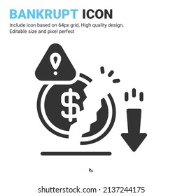 Bankrupt icon vector with glyph style isolated on white background. Vector illustration risk sign symbol icon concept for digital business, finance, industry, company, apps and project