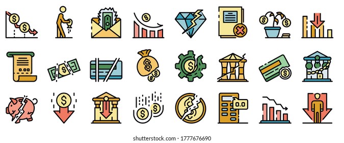 Iconos en quiebra. Conjunto de esquemas de iconos vectoriales en bancarrota color delgado plano sobre blanco