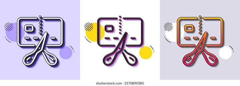 Bankrupt line icon. Halftone dotted pattern. Gradient icon with grain shadow. Cut credit card sign. Bank card with scissors symbol. Line bankrupt icon. Various designs. Vector