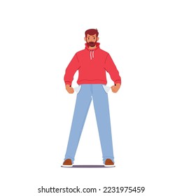 Bankrupt Male Character. Frustrated Worried Man With Beard In Casual Clothes Turning Out Empty Pockets Showing I Have No Money Gesture. Poorness Concept. Cartoon People Vector Illustration