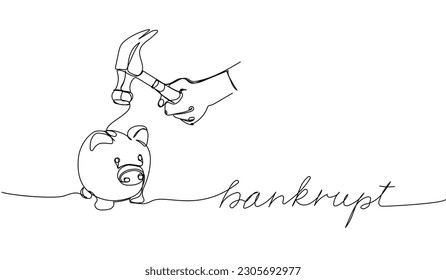 Bankrupt, piggy bank, hummer, crash, savings one line art. Continuous line drawing of bank, money, finance, financial, payment, data, savings, wealth credit with inscription, lettering, handwritten.