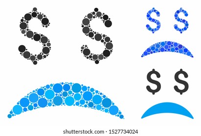 Bankrupt sad emotion mosaic of circle elements in various sizes and color tones, based on bankrupt sad emotion icon. Vector circle elements are combined into blue mosaic.