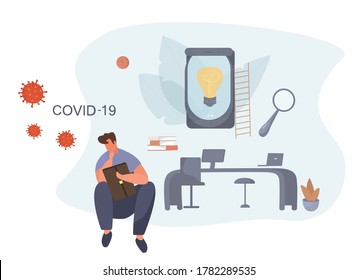 Bankrupt Small Business Company Or Firm.Closed Business Concept.Economic Crash During Quarantine Coronavirus COVID-19 Crisis.Boss Is Sad.Stopping Commerce Activity.Flat Vector Illustration