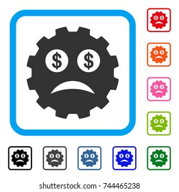 Bankrupt Smiley Gear icon. Flat grey pictogram symbol in a blue rounded square. Black, gray, green, blue, red, orange color versions of Bankrupt Smiley Gear vector. Designed for web and app UI.