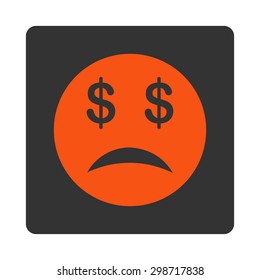Bankrupt Smiley icon from Commerce Buttons OverColor Set. Vector style is orange and gray colors, flat square rounded button, white background.