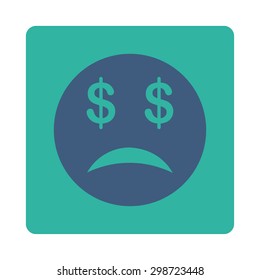 Bankrupt Smiley icon from Commerce Buttons OverColor Set. Vector style is cobalt and cyan colors, flat square rounded button, white background.