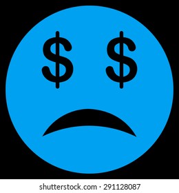 Bankrupt Smiley icon from Commerce Set. Vector style: flat symbol, blue color, rounded angles, black background.
