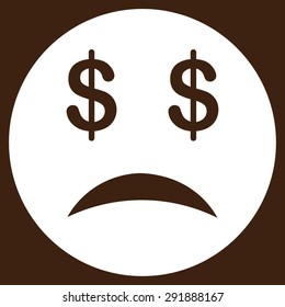 Bankrupt Smiley icon from Commerce Set. Vector style: flat symbol, white color, rounded angles, brown background.