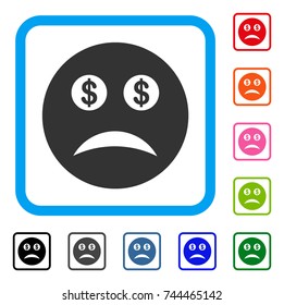 Bankrupt Smiley icon. Flat gray pictogram symbol inside a blue rounded rectangle. Black, gray, green, blue, red, orange color variants of Bankrupt Smiley vector. Designed for web and software UI.