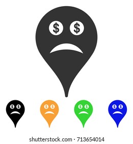 Bankrupt Smiley Map Marker icon. Vector illustration style is a flat iconic bankrupt smiley map marker symbol with black, gray, green, blue, yellow color variants.
