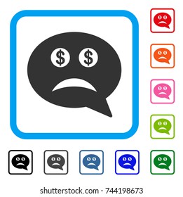 Bankrupt Smiley Message icon. Flat gray iconic symbol inside a blue rounded rectangle. Black, gray, green, blue, red, orange color versions of Bankrupt Smiley Message vector.