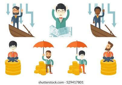 Bankrupt standing in sinking boat and asking for help. Bankrupt sinking and arrows behind him symbolizing business bankruptcy. Set of vector flat design illustrations isolated on white background.