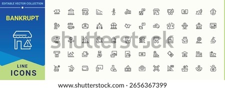 Bankrupt vector line icon set. Bankruptcy icon collection. Collection of simple line web icons. Containing fail, crisis, business, financial, risk and more. Pixel perfect. Editable stroke.