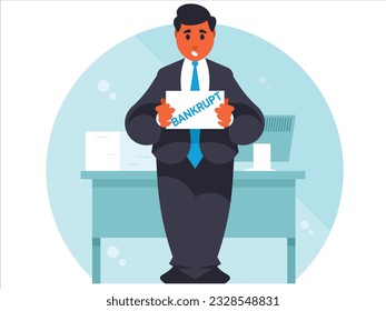 Bankrupt worker. Bankruptcy. The businessman is desperate. Man stands with a bankrupt sign. Vector graphics