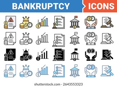 Ícone de faixa de falência definido com vários estilos.