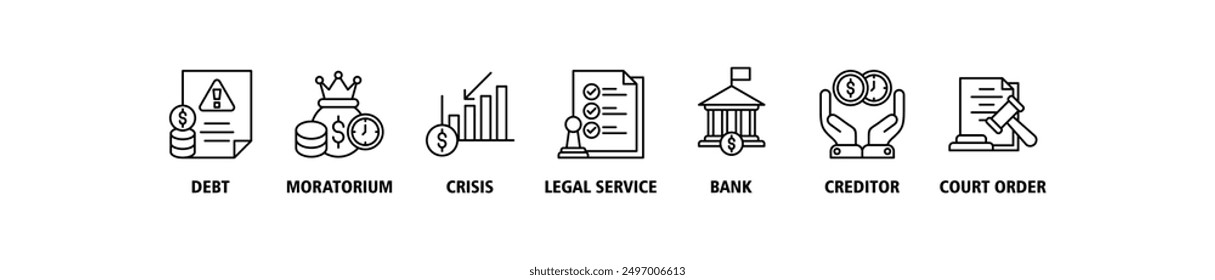 Bankruptcy banner web icon set vector illustration concept with icon of crisis, debt, creditor, legal process, moratorium, court order, and bank icons symbol live stoke and easy to edit