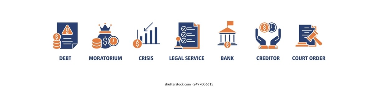 Bankruptcy banner web icon set vector illustration concept with icon of crisis, debt, creditor, legal process, moratorium, court order, and bank icons symbol live stoke and easy to edit