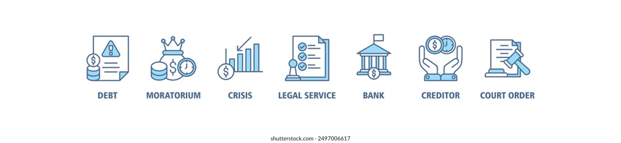 Bankruptcy banner web icon set vector illustration concept with icon of crisis, debt, creditor, legal process, moratorium, court order, and bank icons symbol live stoke and easy to edit