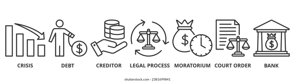 Bankruptcy banner web icon vector illustration concept with icon of crisis, debt, creditor, legal process, moratorium, court order, and bank