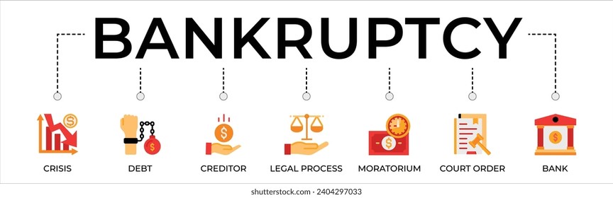 Bandera de la bancarrota Icono de la web, concepto de ilustración vectorial con icono de crisis, deuda, acreedor, proceso legal, moratoria, orden judicial y banco.