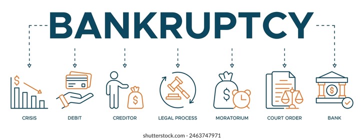 Concepto de la Ilustración vectorial del icono del Web del Anuncio de la bancarrota con el icono de la crisis, deuda, acreedor, proceso legal, moratoria, orden judicial y banco