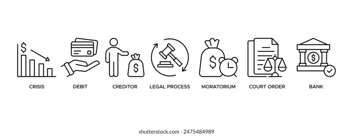 Bankruptcy banner web icon vector illustration concept with icon of crisis, debt, creditor, legal process, moratorium, court order, and bank