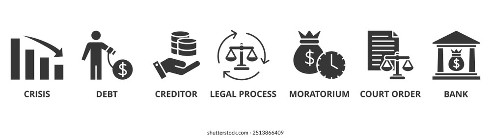 Bancarrota ícone web vetor ilustração conceito com ícone de crise, dívida, credor, processo legal, moratória, ordem judicial e banco