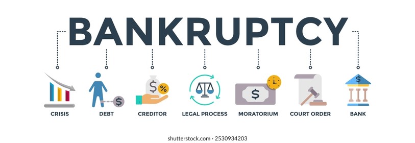 Bankrott Banner Web-Symbol Vektorgrafik-Konzept mit Symbol für Krise, Schulden, Gläubiger, Rechtsverfahren, Moratorium, Gerichtsbeschluss und Bank
