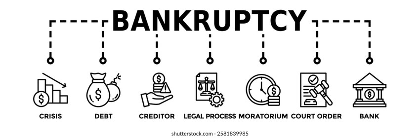 Bankruptcy banner web icon vector illustration concept with icon of crisis, debt, creditor, legal process, moratorium, court order, and bank