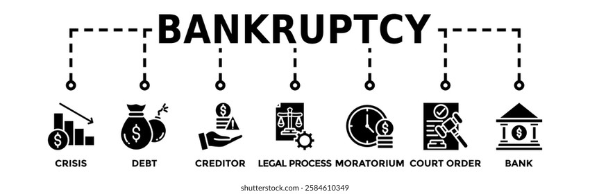 Bankruptcy banner web icon vector illustration concept with icon of crisis, debt, creditor, legal process, moratorium, court order, and bank