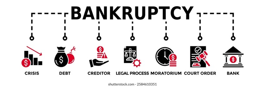 Bankruptcy banner web icon vector illustration concept with icon of crisis, debt, creditor, legal process, moratorium, court order, and bank